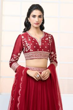 Crimson red blouse with floral zardozi embroidery. Comes with pleated frill hem lehenga and scalloped embroidered border dupatta. - Aza Fashions Festive Red Top For Wedding, Reception Top With Intricate Embroidery On Georgette, Wedding Tops With Dupatta For Navratri, Red Bollywood Style Top For Wedding, Wedding Tops With Dupatta For Eid, Red Festive Top For Reception, Red Festive Top For Receptions, Silk Dupatta Top For Wedding, Red Anarkali Top For Wedding