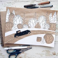 a drawing of a car driving down a road with trees on the side and snow on the ground