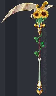 a gold sunflower is attached to a long white pole with green leaves on it