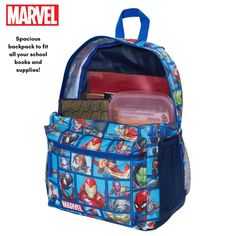 The Marvel Comics Avengers Backpack is the ultimate superhero accessory for kids who adore Iron Man, Thor, Captain Marvel, Spiderman, Doctor Strange, Ant-Man, Miles Morales, Groot, and more! Measuring 16 inches, this backpack showcases an impressive lineup of their favorite Marvel superheroes. Designed for kindergarten and elementary school students, this backpack offers a spacious main compartment that easily fits folders, binders, and notebooks. The front zip pocket keeps school supplies organ Character Backpack For End Of School Year, End Of School Year Character Backpack, End Of School Year Character Print Backpack, Themed Backpack With Character Print For Back To School, Themed School Bags With Character Print, Themed Character Print School Bags, Themed School Backpack With Character Print, Back To School Character Print Backpack, Avengers Backpack