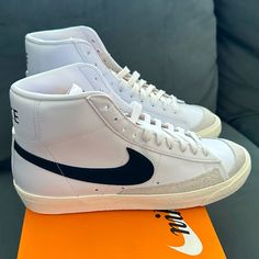 Nike Blazer Mid '77 Vntg White/Black Men Us 9 Uk 8 Eur 42.5 Cm 27 Women Us 10.5 Uk 8 Eur 42.5 Cm 27.5 Nwt In The Original Box Vintage White Leather Custom Sneakers, Nike Classic Everyday Sneakers, Classic Nike Sneakers For Everyday, Vintage Nike White Sneakers, Vintage Nike High-top Sneakers For Streetwear, Nike Classic High-top Sneakers, Nike Vintage High-top Sneakers With Gum Sole, White Vintage Skate Shoes With Rubber Sole, Vintage White Skate Shoes With Rubber Sole