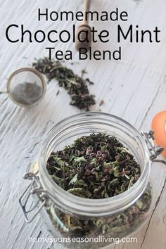 homemade chocolate mint tea blend in a glass jar