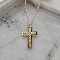 High Quality Gold Plated Hawaiian Scroll Cross necklace. The gold plated necklace measures 21 inches with a 3 inch extender attached for your adjustment. You can easily adjust the necklace to your fitting up to 24 inches in length. The Gold chains are solid and sturdy and very durable. Gold Cross Locket Necklace, Gold Cross Pendant Necklace For Memorial, Gold Cross Pendant Necklace For Memorials, Jewelry Gold Necklace, Hawaiian Necklace, Heirloom Jewelry, Heirlooms Jewelry, Floral Jewelry, Enamel Necklaces