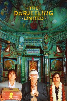 the darjeling limited movie poster with two men sitting in front of a shrine