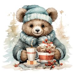 a painting of a teddy bear holding a coffee cup