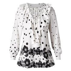 Plus Size Lace Up Ruffles Dot Flower Print Blouse - White - 3N95487816 - Women's Clothing, Plus Size Women's Clothing  #PlusSizeWomensClothing #Women's #Clothing # #Plus #Size #Women's #Clothing Casual Tshirt Outfit, Ruffles Pattern, Ruffles Blouse, Applique Blouse, Flower Print Blouse, Fashion Site, Womens Halter Tops, Plus Size Lace, Trendy Plus Size Clothing