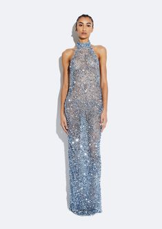 Mesh Sequin Gown in Cloud Blue Blue Feather Dress, Blake Lively Dress, Feather Dresses, Bride Party Dress, Water Fashion, Gucci Gown, Dresses Luxury, Sequin Formal Dress, Ombre Dress