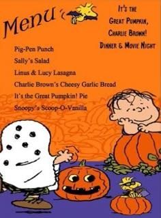 a menu for a halloween party with pumpkins and ghost