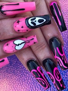 Pink and Black Halloween Press on Nails Long with Ghost Face Design Acrylic Nail Diy, Long Fake Nails, Press On Nails Long, Purple Acrylic Nails, Halloween Press On Nails, Sassy Nails, Long Acrylic Nail Designs, Long Nail Designs, Cute Nail Art Designs