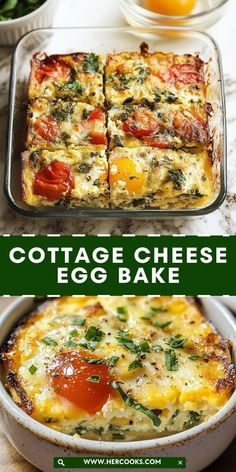 cottage cheese egg bake with tomatoes and spinach on the side in a casserole dish