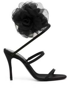 black silk organza floral appliqué wraparound style round open toe branded leather insole stiletto heel leather sole Floral Embellished Open Toe Heels For Evening, Elegant Flower Shaped Sandals For Party, Elegant Flower-shaped Sandals For Parties, Elegant Flower-shaped Party Sandals, Elegant Formal Flower Sandals, Elegant Flower-shaped Evening Heels, Elegant Flower Shaped Evening Heels, Flower Heels, Flower Sandals