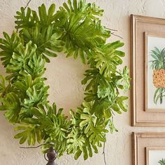 a green wreath hangs on the wall next to two framed pineapples and a potted plant