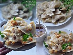 there are three different pictures of dumplings and sauces on the plates, one is being drizzled with parsley