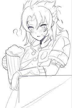 a drawing of a girl holding a cup and looking at the camera with her eyes closed