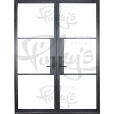 an open glass door with black frame and white lettering on the bottom half of it