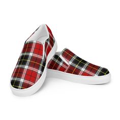 Red Plaid Love! Vans Style Shoes - Made for comfort and ease, these Women's Slip-On Canvas Shoes are stylish and the ideal piece for completing an outfit. Equipped with removable soft insoles and rubber outsoles, it's also easy to adjust them for a better fit. *  100% polyester canvas upper side *  Ethylene-vinyl acetate (EVA) rubber outsole *  Breathable lining, soft insole *  Elastic side accents *  Padded collar and tongue *  Printed, cut, and handmade Please check the size chart (in inches) to ensure the perfect fit. Red Casual Slip-on Sneakers With Rubber Sole, Casual Slip-on Custom Sneakers With Round Toe, Red Slip-on Canvas Shoes With Rubber Sole, Red Slip-on Canvas Shoes Casual Style, Red Slip-on Canvas Shoes For Casual Wear, Red Slip-on Canvas Shoes, Casual Red Slip-on Shoes, Trendy Red Slip-on Canvas Shoes, Red Slip-on Sneakers With Rubber Sole