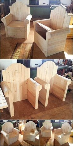 three different pictures of wooden furniture made out of plywood planks and wood boards