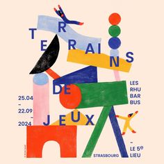 a poster with the words paris in different colors and shapes, including an abstract figure