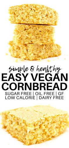 an image of easy vegan cornbread cookies stacked on top of each other with text overlay