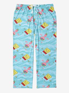 You'll dream of Bikini Bottom with these sleep pants! Inspired by SpongeBob SquarePants  these zany pants feature an allover print of Patrick and SpongeBob floating on the ocean waves. Along with a drawstring elastic waist  these pants include side pockets for extra krabby patties.A BoxLunch Exclusive!92% polyester; 8% spandexListed in women's plus sizesWash cold with like colors; dry lowImported Spongebob Floating, Spongebob Pajamas, Patrick And Spongebob, Matching Couple Pajamas, Couple Pajamas, Matching Pjs, On The Ocean, Mens Sleepwear, Fashion Bottoms