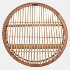 a round wicker table with wooden frame