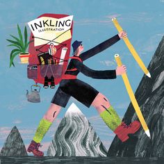 a drawing of a man climbing up a mountain holding a giant pencil and paper with the word inkling written on it