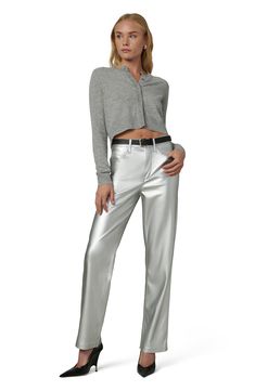 Rock a confident, casual-chic look in stunning faux-leather jeans made with a high waist and relaxed, full-length straight legs. 32" inseam; 17" leg opening; 11 1/4" front rise Zip fly with button closure Five-pocket style 100% polyester with polyurethane coating Machine wash, line dry Imported Faux Leather Jeans, Leather Pant, Leather Jeans, Rock A, Faux Leather Pants, Joes Jeans, Casual Chic, Vegan Leather, Leather Pants