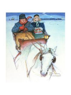 a man and woman riding in a sleigh pulled by a horse on the snow