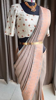 Grey and copper gold silk saree with hand worked blouse - Threads Designer Orange Blouse Piece With Zari Weaving, Traditional Drape Orange Blouse With Zari Weaving, Gold Blouse With Zari Weaving In Traditional Drape, Grey Silk Saree, Hand Worked Blouse, Gold Silk Saree, Worked Blouse, Gold Saree, Saree Material