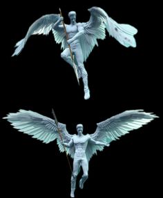 two white angel figurines on black background with one holding a spear and the other flying