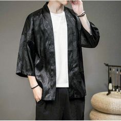 Mens Chinese Dragon Print Kimono Loose Coat Yukata Outwear Jacket Bathrobe Retro Mens Fashion Cardigan, Cardigan Plus Size, Kimono Shirt, Male Kimono, White Kimono, Cardigan Kimono, Kimono Coat, Summer Streetwear, Casual Outerwear