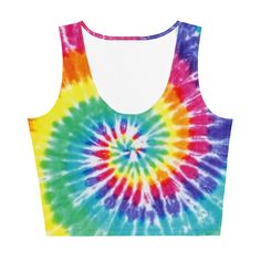 Show off your hippie vibes with this trendy rainbow tie dye crop top. The perfect top for fun music festivals, summer vacations and day trips. GENERAL DESCRIPTION:Soft and stretchy cropped tank top with a comfortable body hugging fit. If you require a tighter fit we recommend sizing down but please check the measurements in the size guide before making your purchase.STYLE GUIDE• Sleeveless crop top• Form fitting but not tight• Soft and stretchy material• Inside whiteMATERIAL• 82% polyester/18% s Hippie Multicolor Tank Top For Festival, Trendy Summer Crop Top For Yoga, Multicolor Sleeveless Hippie Crop Top, Casual Multicolor Tank Top For Yoga, Fitted Multicolor Crop Top Tank, Casual Multicolor Crop Top For Music Festival, Hippie Multicolor Cropped Top, Multicolor Cropped Hippie Crop Top, Multicolor Fitted Cropped Tank Top