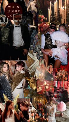 a collage of people dressed up in costumes and christmas decorations, with candles on them