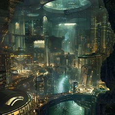 a futuristic city at night with lights and water