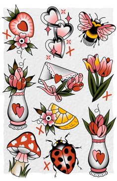 an assortment of tattoos with flowers and hearts on them, including ladybug's