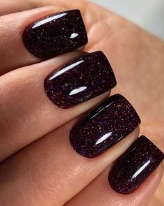 Dark Nails Glitter, Dark Purple Nails With Glitter, Dark Glitter Nails, Dark Short Nails, Short Dark Nails, Dark Gel Nails, Nails With Glitter, Weak Nails