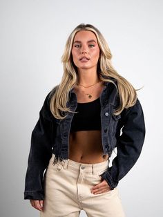 Crop distressed denim jacket, featured wide back lettering, front button down and front pockets. All jackets are handmade. cotton/rayon polyester Ripped Cotton Denim Jacket In Grunge Style, Ripped Cotton Grunge Denim Jacket, Fall Denim Jacket With Frayed Hem For Streetwear, Frayed Hem Denim Jacket For Fall Streetwear, Edgy Denim Jacket With Frayed Hem For Streetwear, Trendy Distressed Cotton Denim Jacket, Spring Distressed Washed Black Denim Jacket, Cotton Denim Jacket With Frayed Hem For Streetwear, Spring Washed Black Distressed Denim Jacket