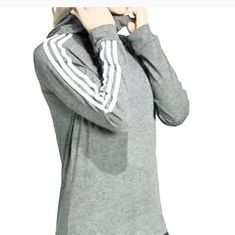 Adidas Iconic Stripes And Logo Cowl Neck Styled Hood Lightweight And Durable Climalite Moisture-Wicking Fabric Made In Vietnam Gray Sportswear Tops For Spring, Gray Spring Sportswear Tops, Sportswear Top With Three Stripes For Fall, Sports Tops With Three Stripes For Fall, Fall Sports Top With Three Stripes, Fall Tops With Three Stripes, Adidas Stretch Long Sleeve Tops, Adidas Athleisure Tops For Winter, Athletic Heather Sportswear Top For Fall