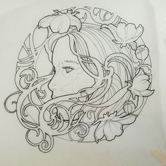 a drawing of a woman's face with flowers in her hair and leaves around her neck