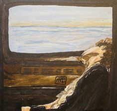 a drawing of a person sitting on a train looking out the window at the ocean