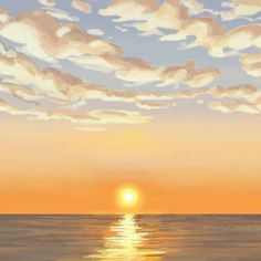 an oil painting of the sun setting over the ocean with clouds in the sky above