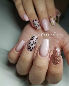 Rose Gold Leopard Nails, Rose Gold Nail Design, Rose Gold Cheetah Nails, Nails Pink Leopard, Light Pink Leopard Nails, Gold Leopard Nails, Safari Nails, Coffin Leopard Nails, Leopard Accent Nail