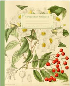 a book with white flowers and green leaves on the cover, which reads composition notebook