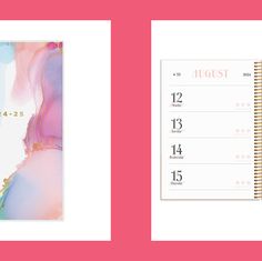 two calendars with different designs on them and the same one in pink, white and blue