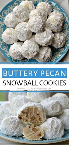 two plates with snowball cookies on them and the words buttery pecan snowball cookies