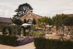 an outside view of a building with trees and bushes