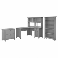 three piece desk and hutch set in grey