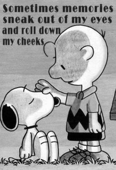 a black and white drawing of a cartoon character touching a dog's nose with the caption, sometimes memories sneak out of my eyes and roll down my cheeks