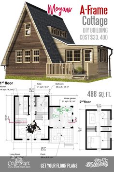 the floor plan for a small cabin with loft and living area, including an upstairs bedroom