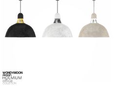 three different types of pendant lights hanging from the same light fixture, each with an individual's name on it